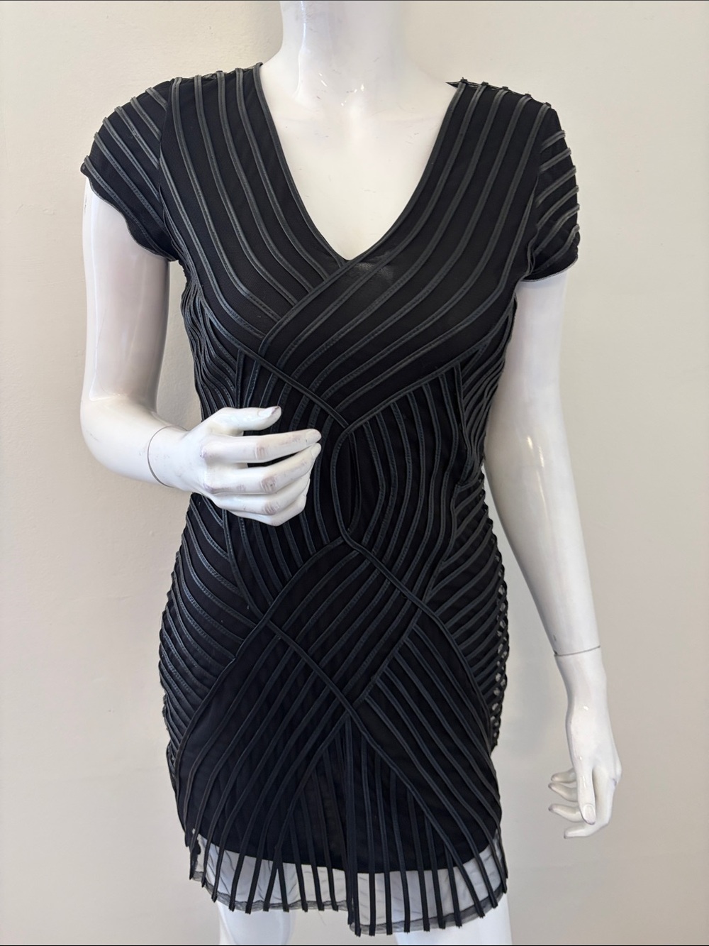 Parker Black Faux Leather Striped Short Sleeve V-Neck Mini Dress w Mesh Underlay